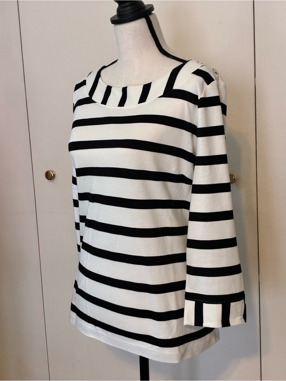 Talbots Black & White Striped Boatneck 3/4 Sleeve Top